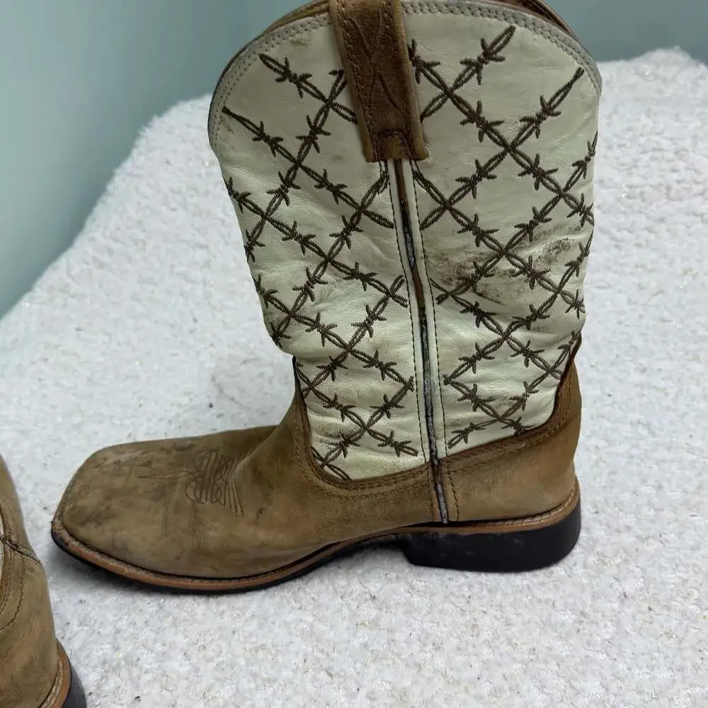 Twisted X Youth Bomber & White Barbed Wire Square Toe Western Boots Sz YOUTH 4